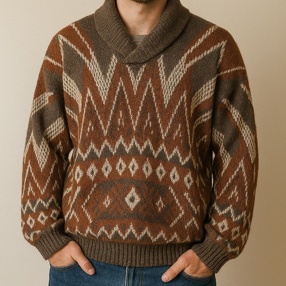 Vintage Shawl Collar Geometric Sweater • Brown Earth Tones • Unisex Cozy Knit - Picture 1 of 7